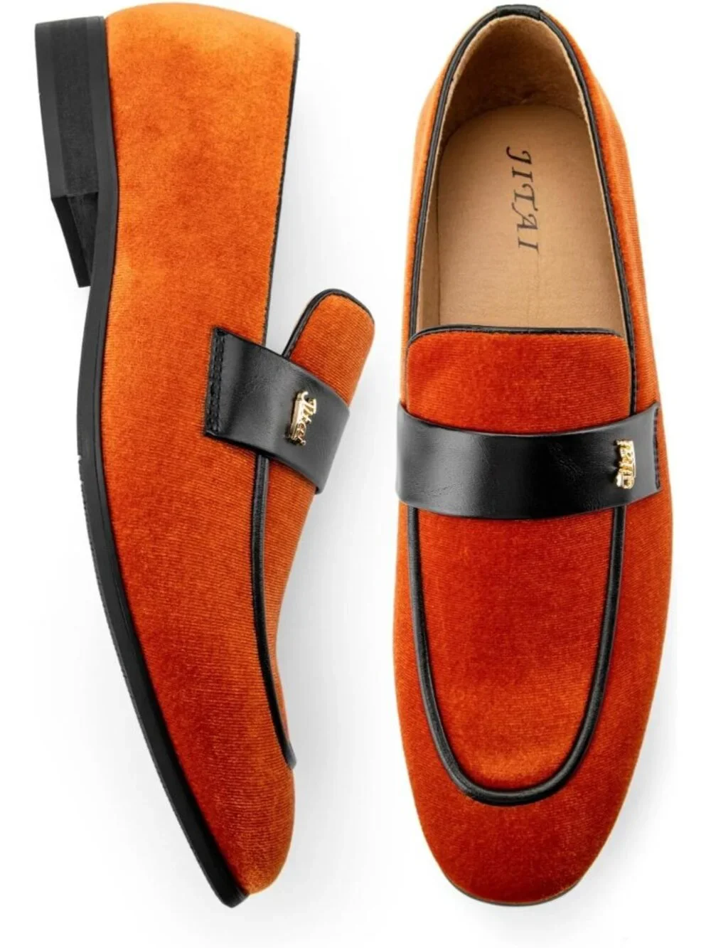 Men's Orange Velvet Luxury Loafers Slip On Party Fashion Pull On Dress Shoes